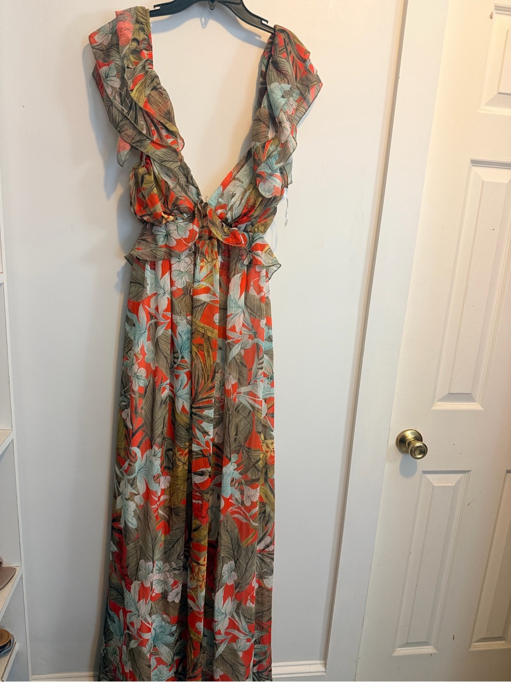 Fashion Nova Coral Floral Maxi Dress with Green Leaves